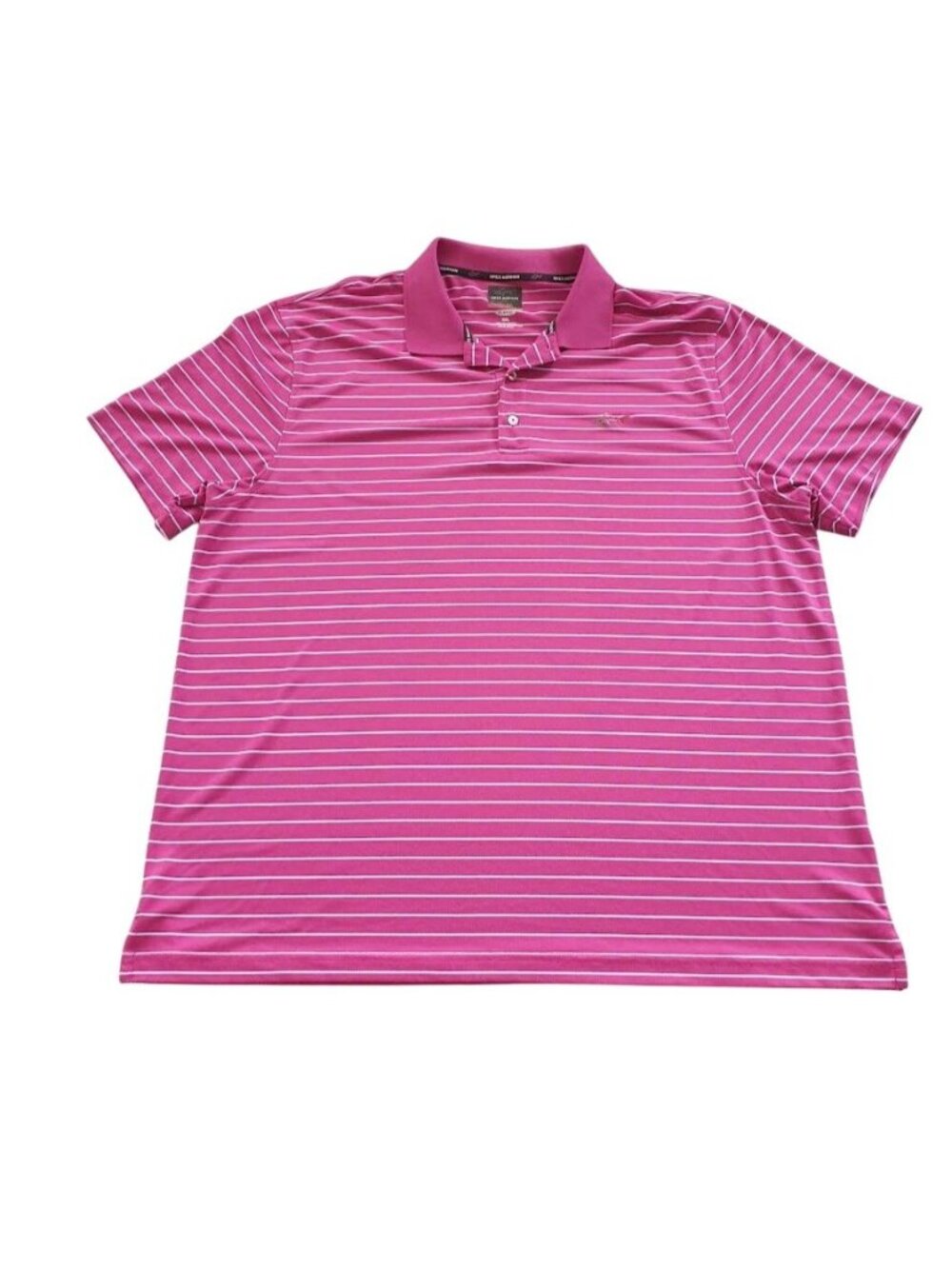 Greg Norman Mens XXL Pink Blue Striped Polo Short Sleeve Stretch Shark Logo Golf